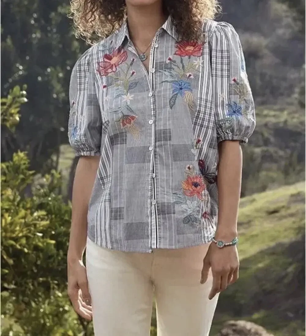 NWT JOHNNY WAS Jordan Lisbon Shirt S Grey Floral Embroidered Plaid 100% Cotton